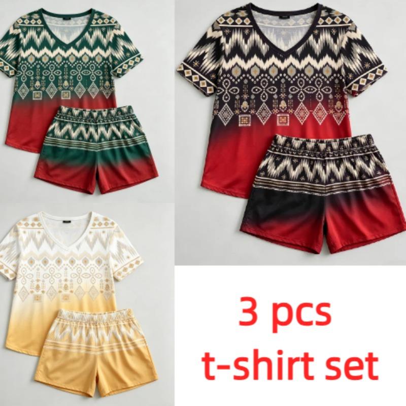 Summer Geometric Wavy Lines Pattern Printed V- Neck Short Sleeved T-Shirt And Shorts Set Women's and Men's T-shirt Shorts Set