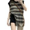 Hollow Out Sleeveless Knitted Sweater New Summer Striped Mid Length Tassel Top for Women
