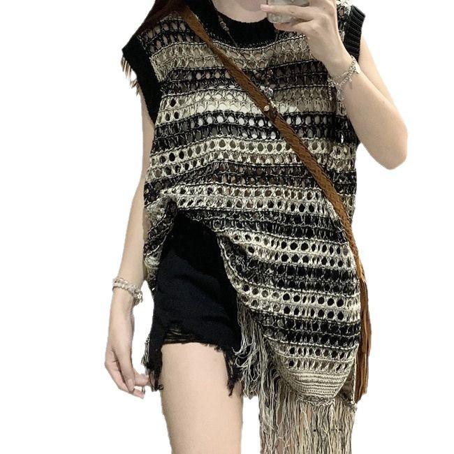 Hollow Out Sleeveless Knitted Sweater New Summer Striped Mid Length Tassel Top for Women