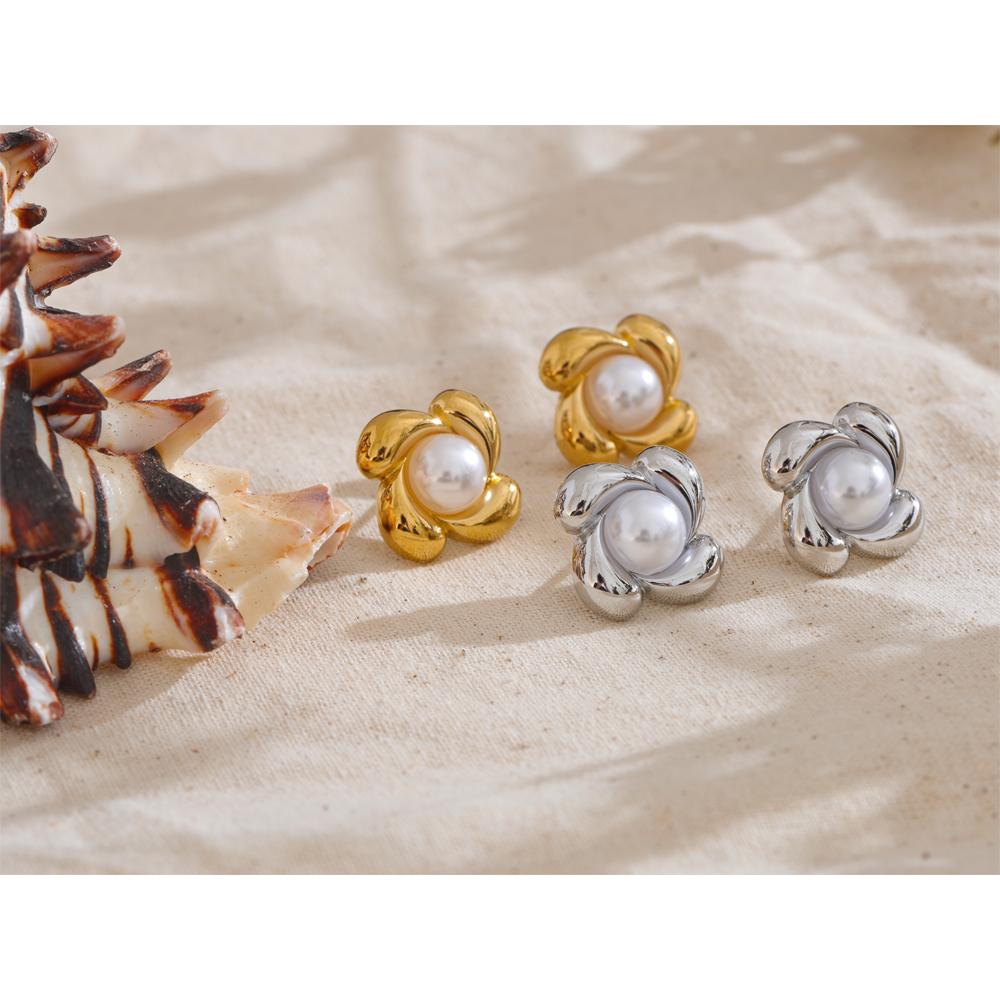 Yhpup Stylish Imitation Pearls Metal Flower Stud Earrings Charm Stainless Steel Rust Proof Versatile Daily Jewelry Accessories