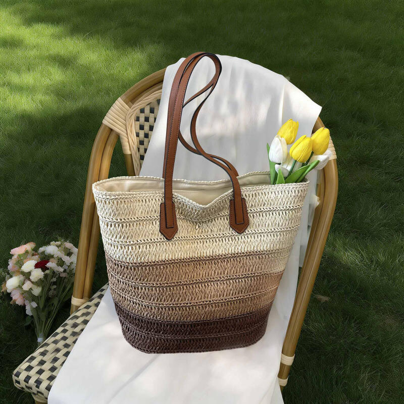 Stylish Woven Straw Tote Bag with Leather Handles Large Capacity Beach Bag for Women Summer Shopping and Travel