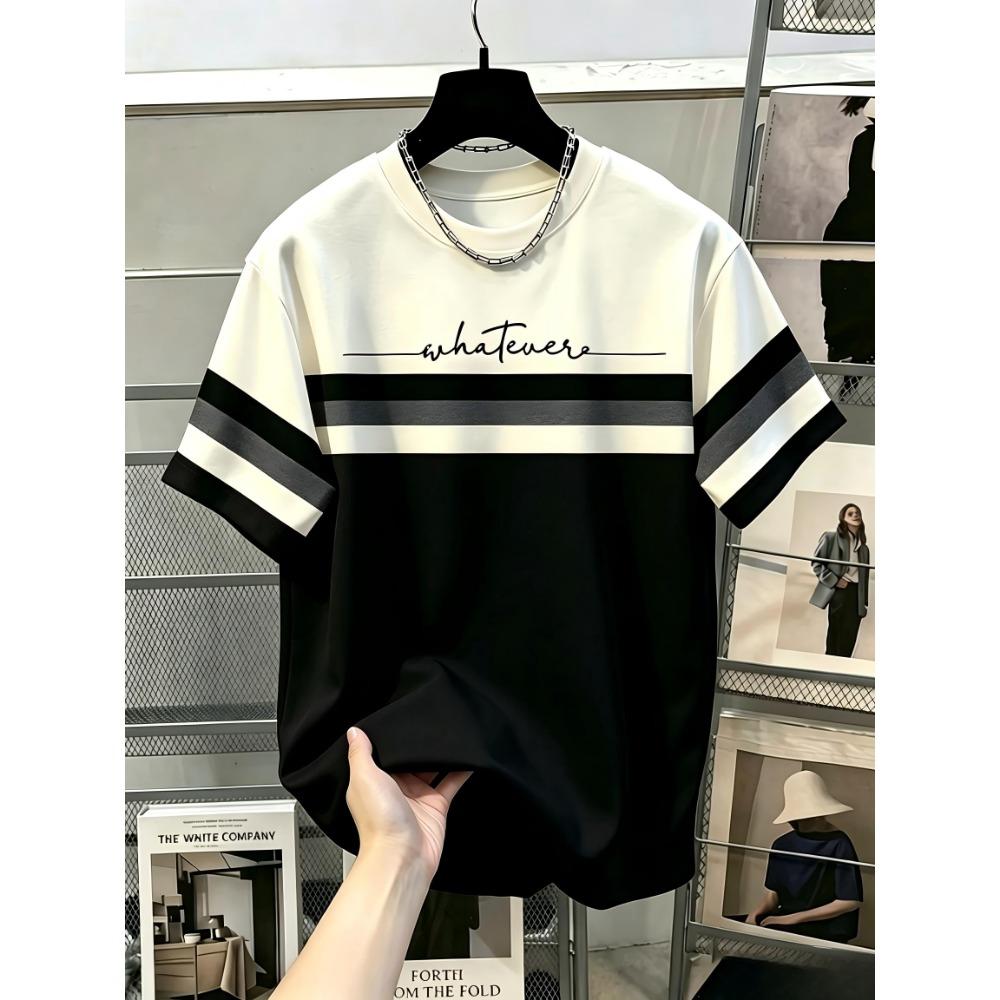 New American Men's Summer Spliced Striped Letter Print Micro Elastic Breathable Round Neck T-shirt Outdoor Urban Casual Top