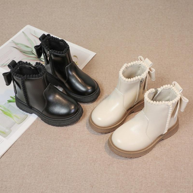 Children's Princess Style Single Boots Plus Velvet Short Boots Non-slip Soft Sole Leather Boots Side Zipper Warm Cotton Boots