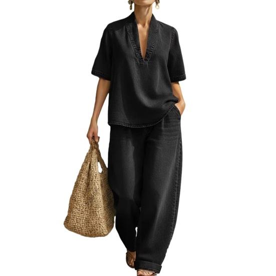 

Women s Summer 2 Piece Denim Set Short Sleeve Lapel V Neck Top And Wide Leg Pants Tracksuit Casual Vacation Outfits with Pockets S чёрный