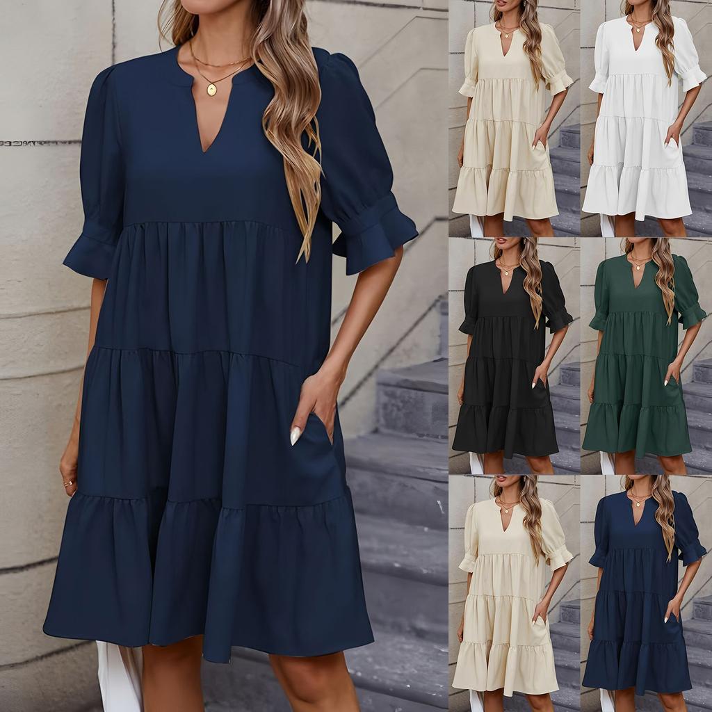 Women's Fashion Casual Slim Middle Sleeve V-Neck Ruffle Dresses
