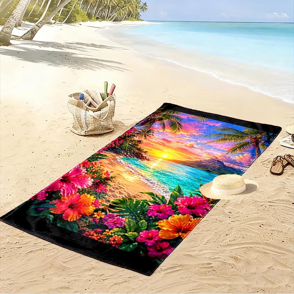 Tropical Sunset Beach with Flowers Design Beach towel quick-drying for travel outdoor sports jogging beach and swimming