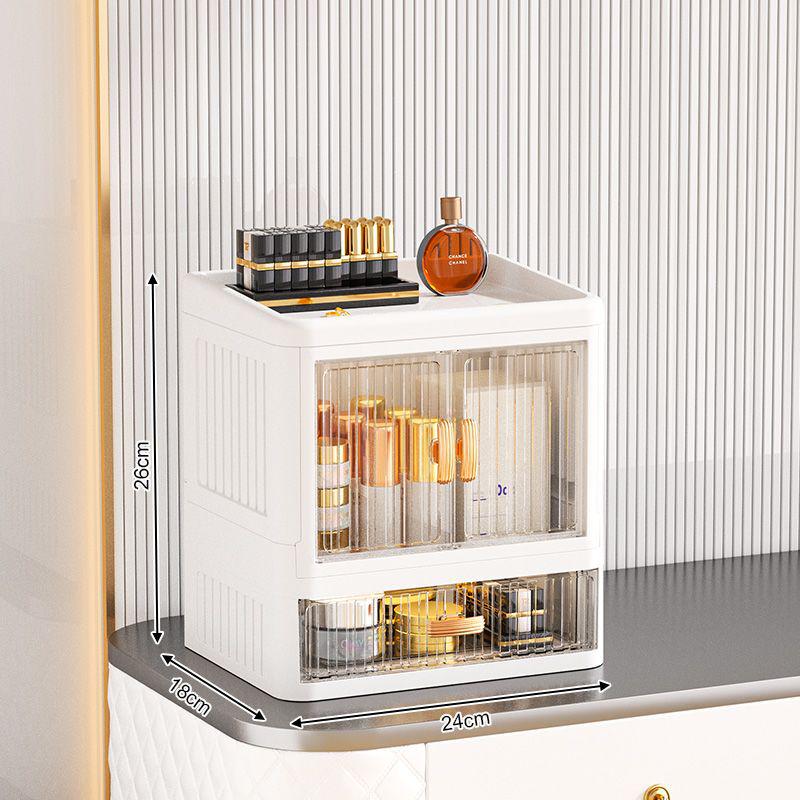Foldable Double Door Skincare Organizer with Drawers and Multi-Layer Storage