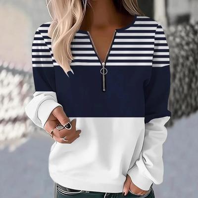 Lässige Mode Pullover Halber Reißverschluss Polokragen Schulterlang Damen Top 3D Gestreift Bedruckt Übergröße Damenbekleidung