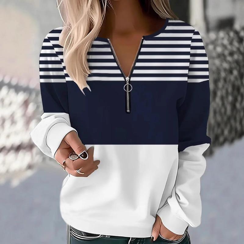 Casual Fashion Pullovers Half Zip Polo Collar Shoulder Length Women's Top 3D Striped Printed Plus Size Women's Clothing
