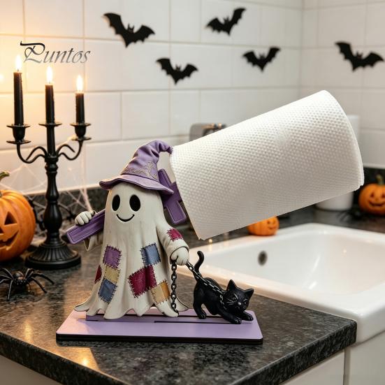 Festive Tabletop Ornament Halloween Wooden Paper Towel Holder, Cute Patchwork Ghost Napkin Stand, Party Supplies Rustic Roll Dispenser for Kitchen