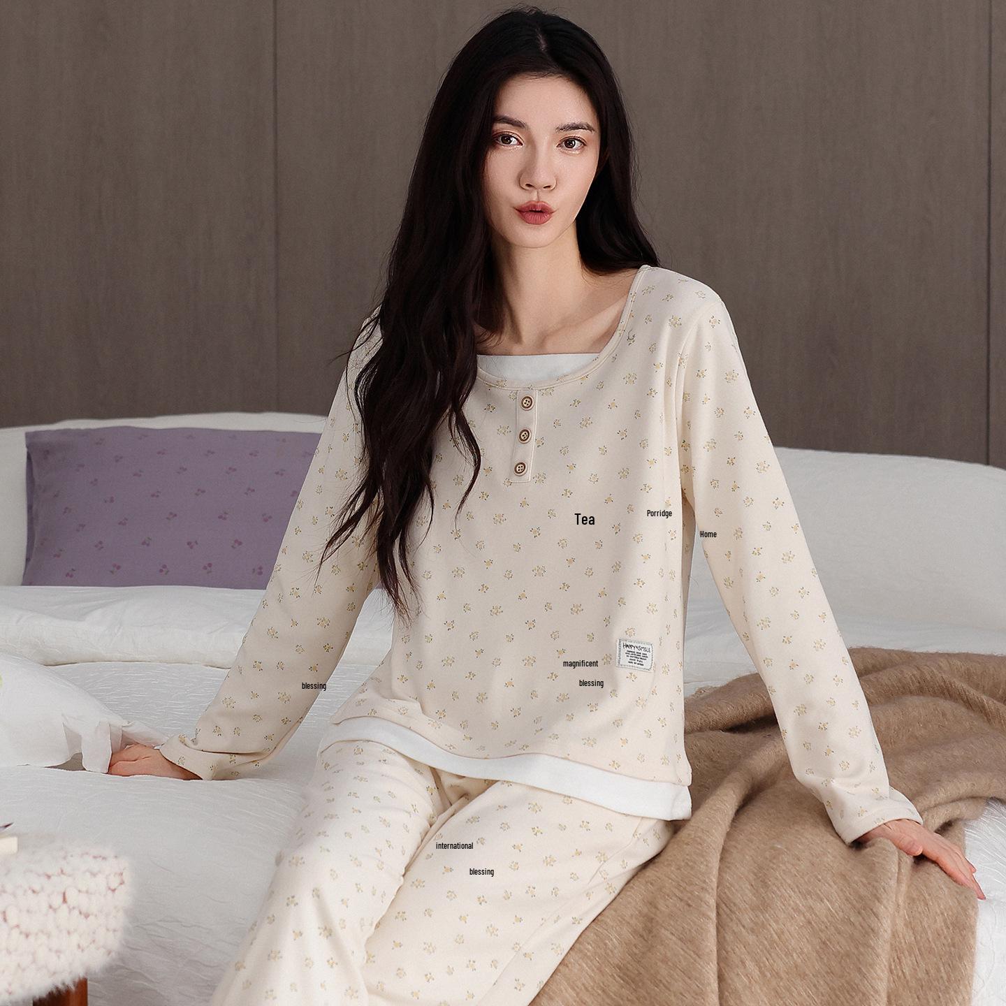 

Женский зимний теплый пижамный комплект из немецкого бархата - с длинными рукавами и длинными брюками для дома и повседневной носки XXL (Height 170-175cm, Weight 140-160lbs)