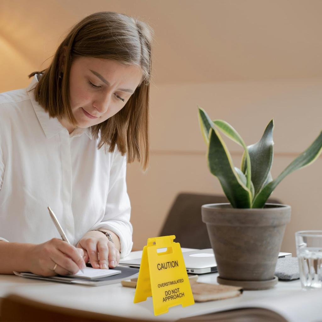 Funny Office Prank Desk Sign, Caution Overstimulated Do Not Approach Warning Sign Humorous Gag Gift Mini Desk Decor for Coworkers Employees Boss