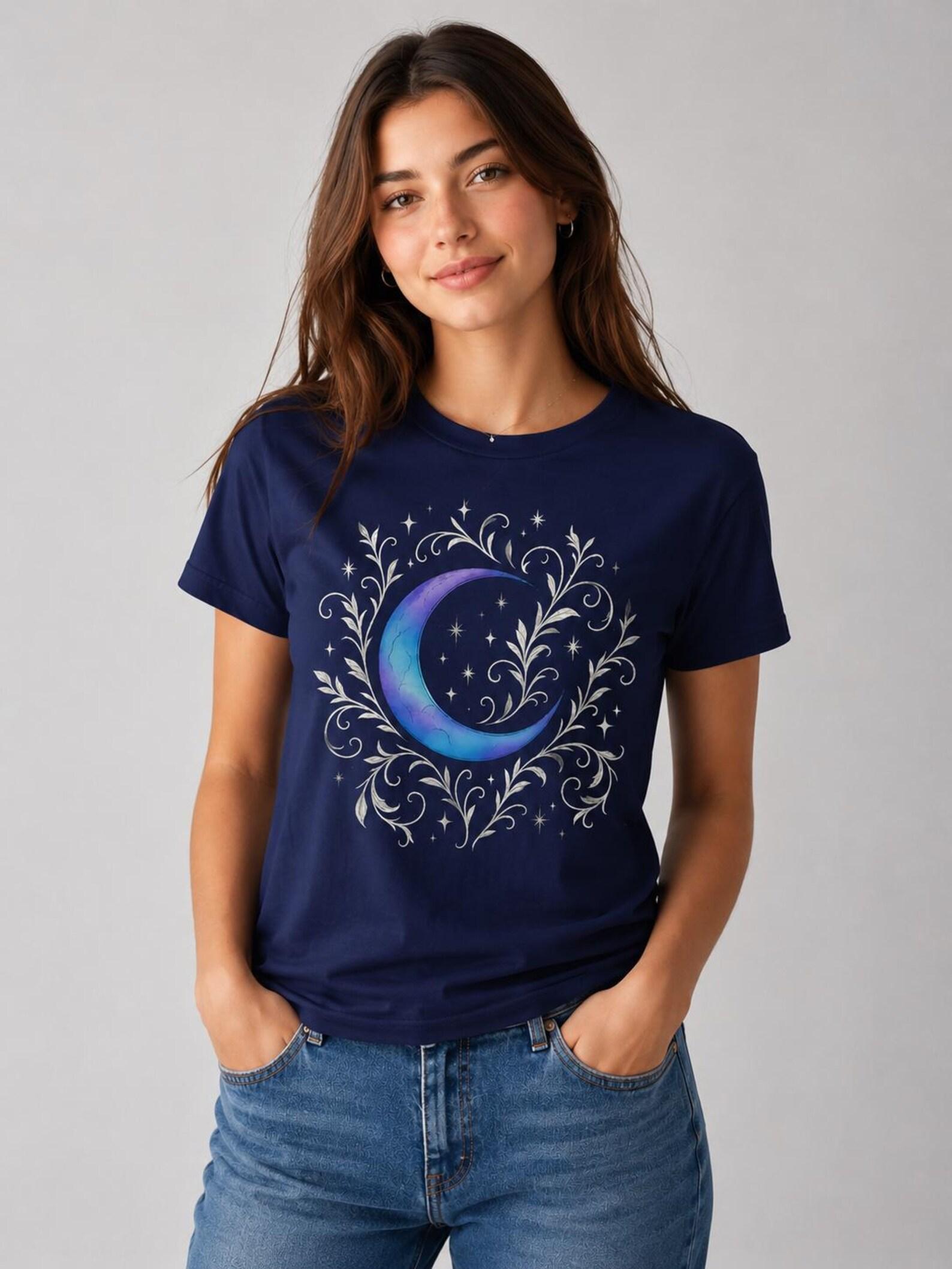 Mystical Crescent Moon T-Shirt Aesthetic Celestial Moon Star Streetwear Clothing | Dark Cottagecore Witchy Shirt XL