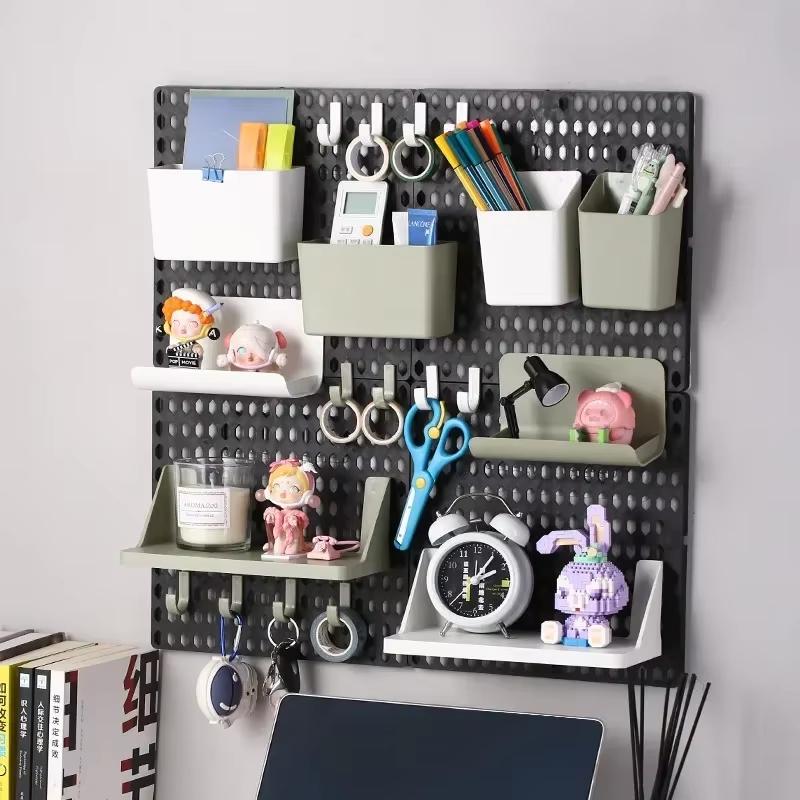 Kawaii Hole Board Dormitory Wall Shelf Decoration Free Punching Adhesive Students Study Wall Mounted Storage Rack Home Organizer