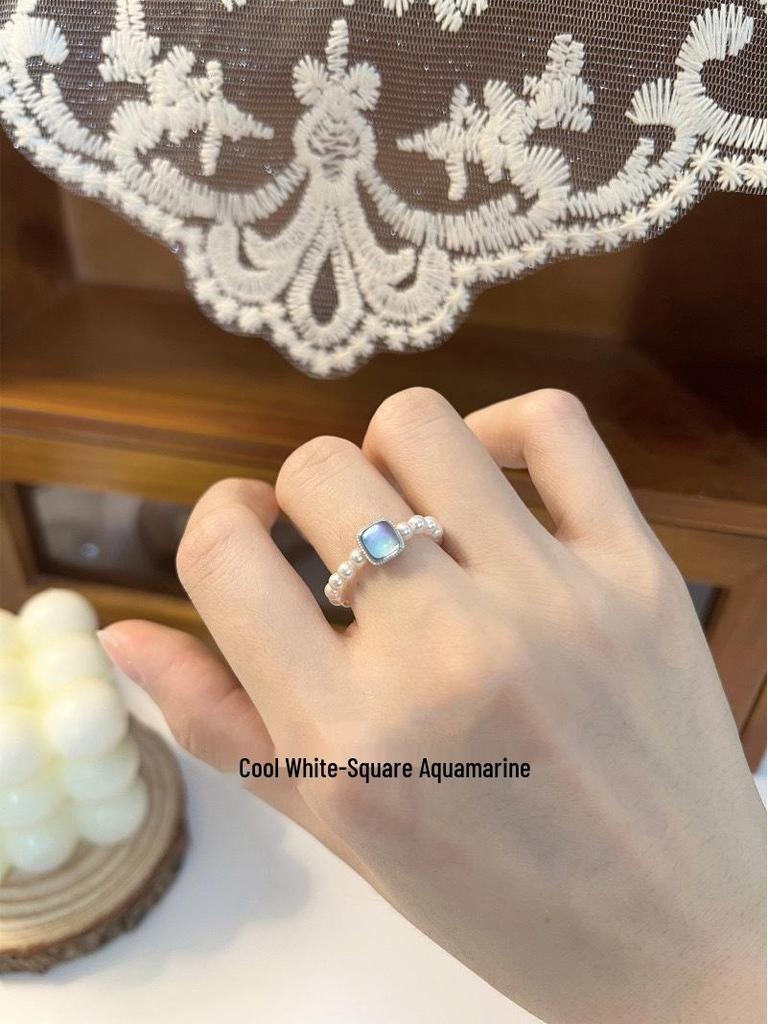 S925 Sterling Silver Aquamarine Pearl Square Ring for Women - Fashionable, Simple, Durable Index Finger Accessory