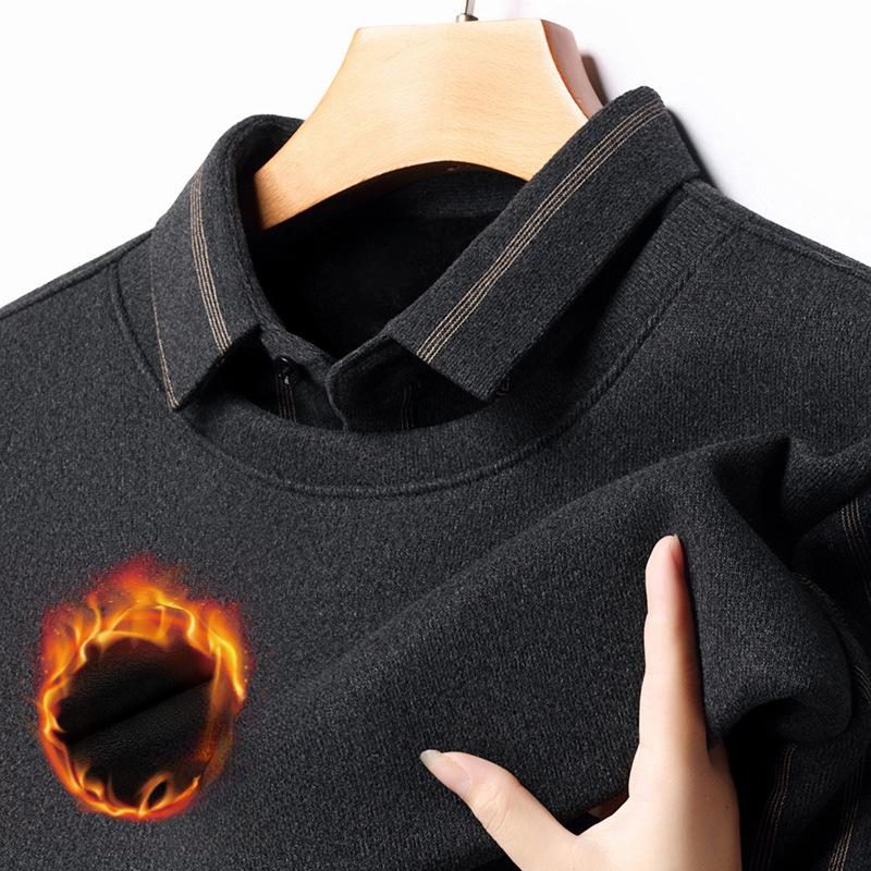 Herren Fleece Fake Zweiteiler Langarmpullover Herbst und Winter Freizeit Hemdkragen Spleißen Gestreift Verdickt Unterteil Poloshirt
