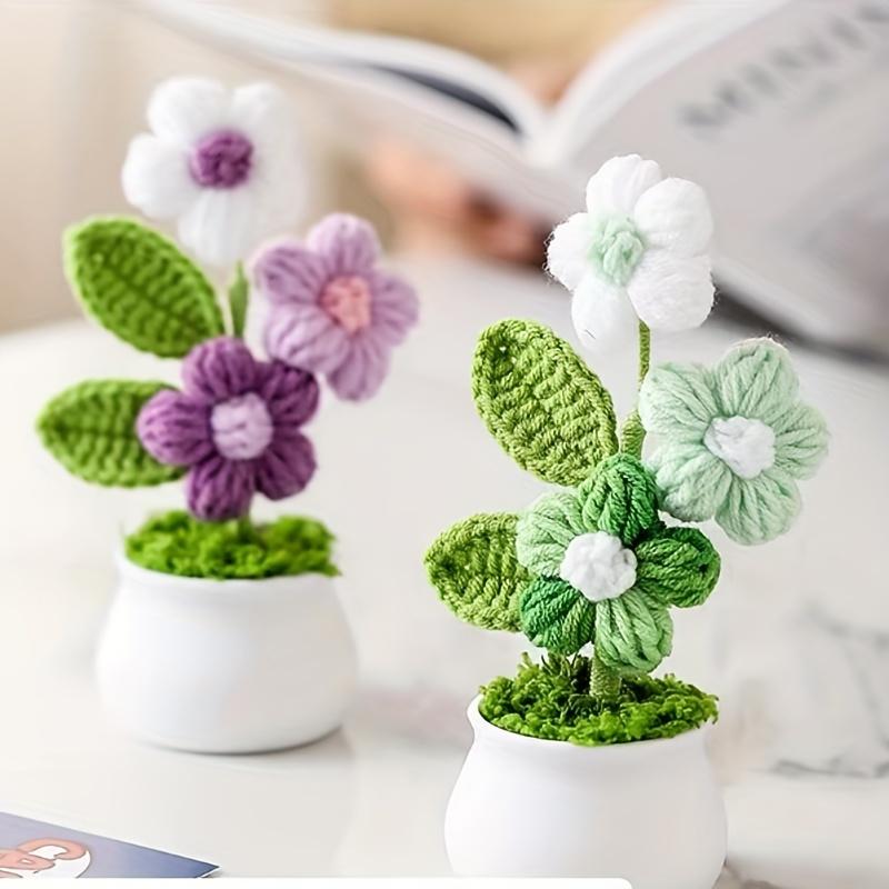 2Pcs Crochet Bonsai Artificial Flowers Charming Knitted Flower Decorations, Suitable for Home and Holiday Decorations, Fabric Desktop Flower Display