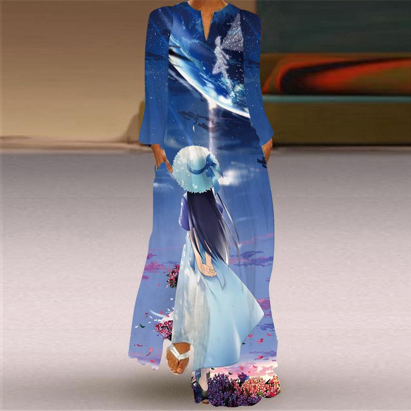 2024 Autumn European & American V-Neck Long-Sleeve Sexy Printed Maxi Dress