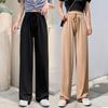 Women Ice Silk Pants Elastic High Waist Adjustable Drawstring Straight Wide Leg Pants Solid Color Long Trousers Daily Wear