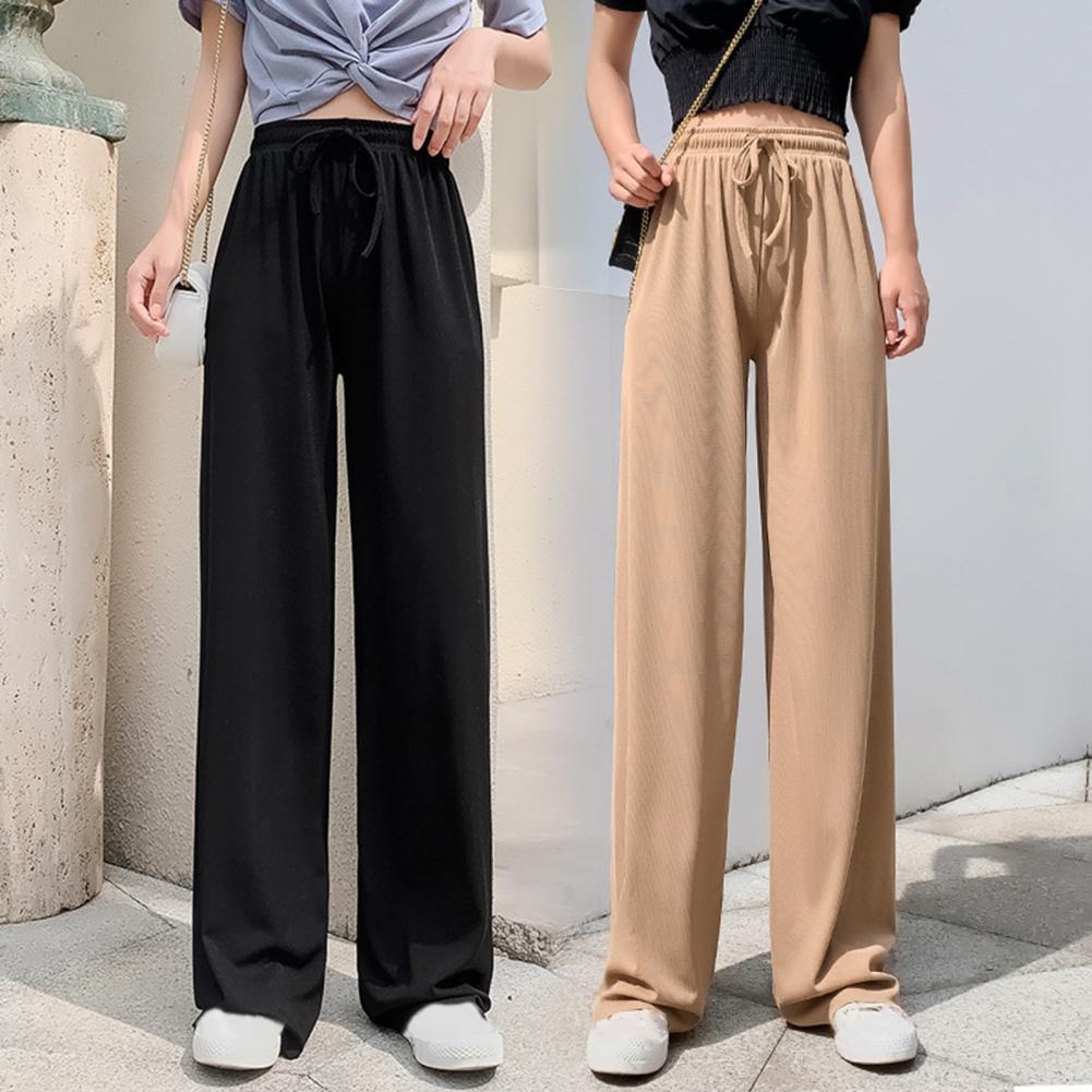 Women Ice Silk Pants Elastic High Waist Adjustable Drawstring Straight Wide Leg Pants Solid Color Long Trousers Daily Wear