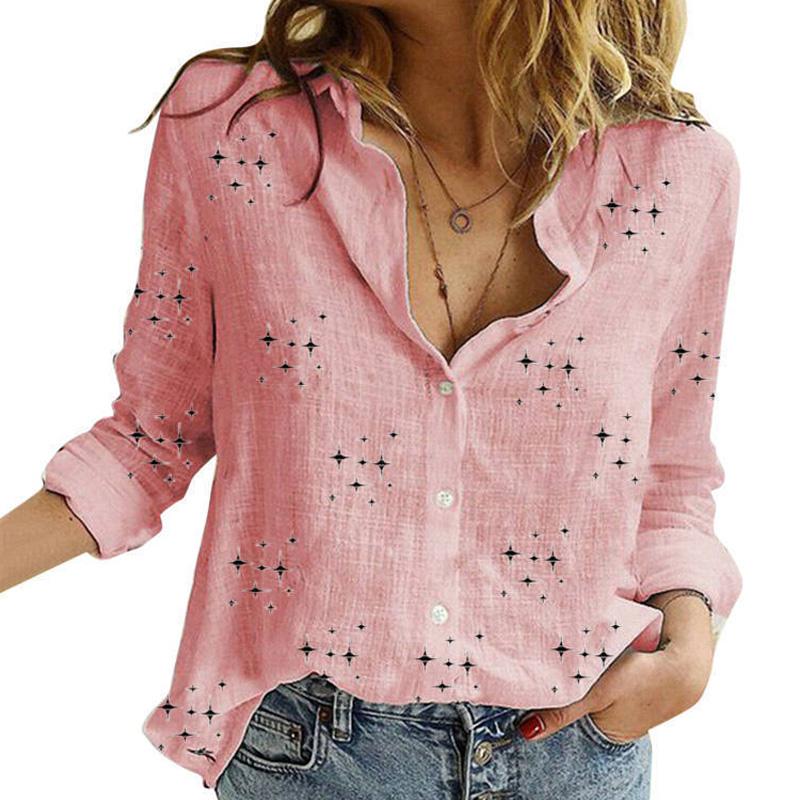 

1pc Loose Tops Elegant Women Shirts Plus Size Cotton Linen Stars Printed Solid Button Casual Long Sleeve Lapel Blouses Shirts XXL