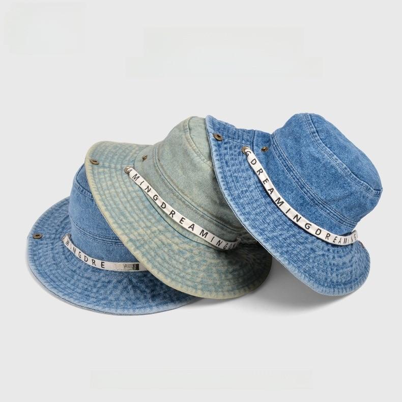 Summer Fashion Letter Strap Wide Brim Denim Fisherman Hat With Sun Protection For Women