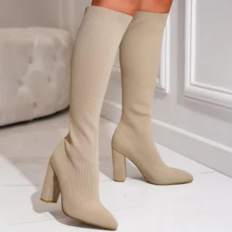 

Boots Women Platform 11cm High Heels Stretch Knee Sock Boots Lady Stripper Four Seasons Boots Block Heels Knitted Booties Shoes 36
