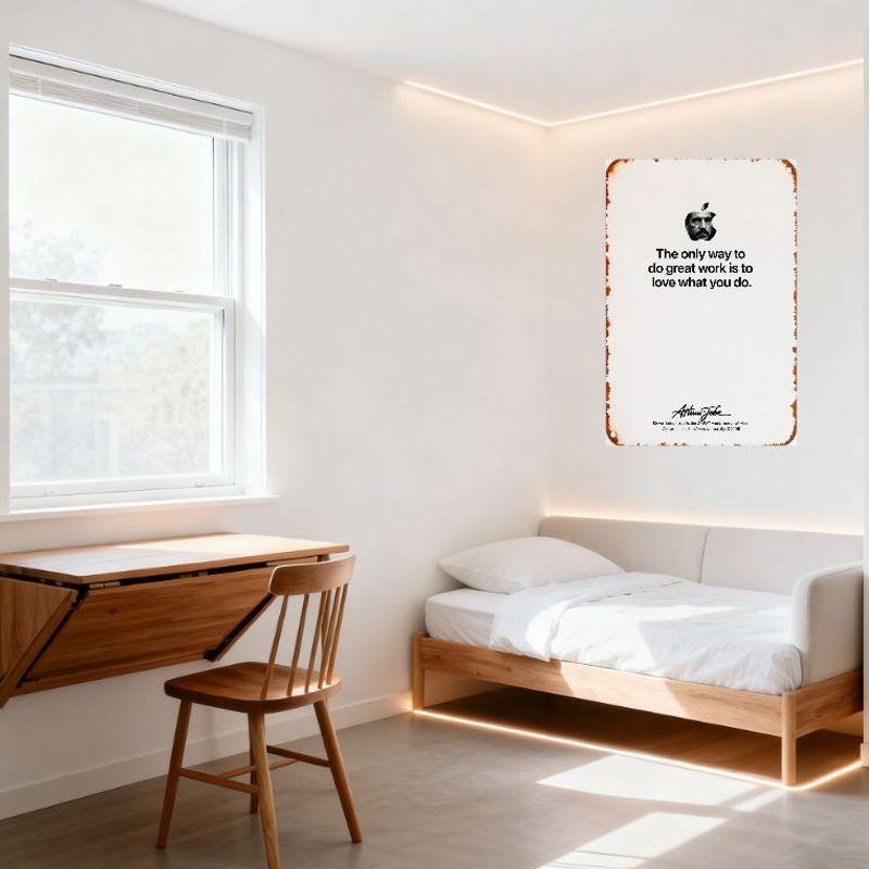 Vintage Rustic Steve Jobs Quote Metal Tin Sign, 'The Only Way To Do Great Work...' Apple Bite Mark Artemio Jobe Signature Decor