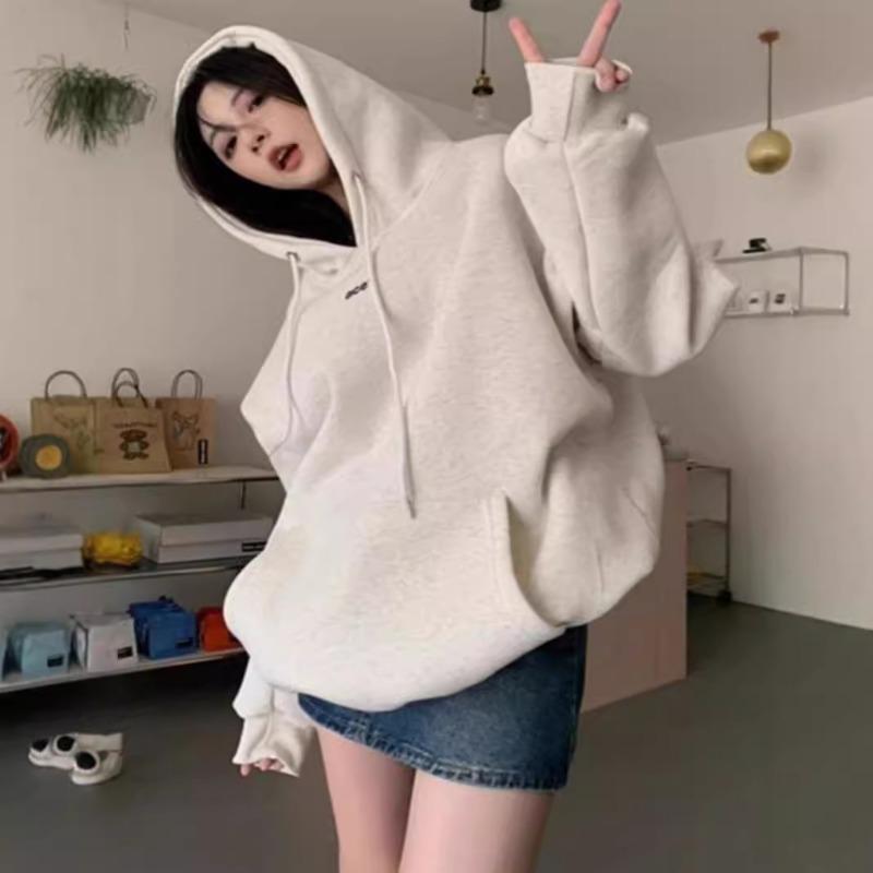 Autumn Winter Vintage Loose Casual Drawstring Hooded Sweatshirt Women Simple Fashion Print Pullover Hoodies Top