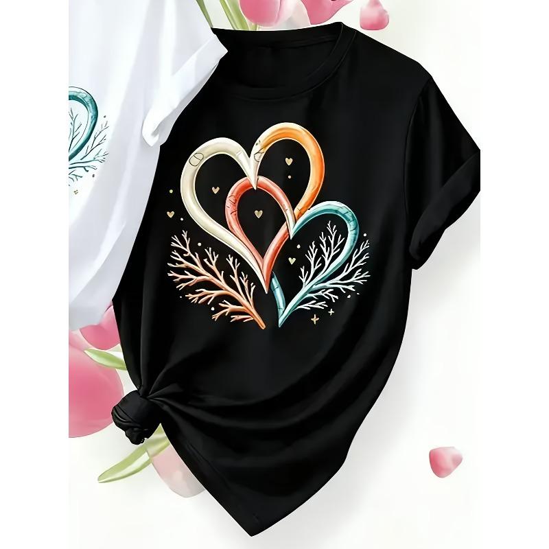 

European Size Women s Plus Size T-Shirt - Heart-Shaped Coral Print Casual Short-Sleeve Crew Neck Spring/Summer Top, Plus Size Friendly Street Style 4XL чорний