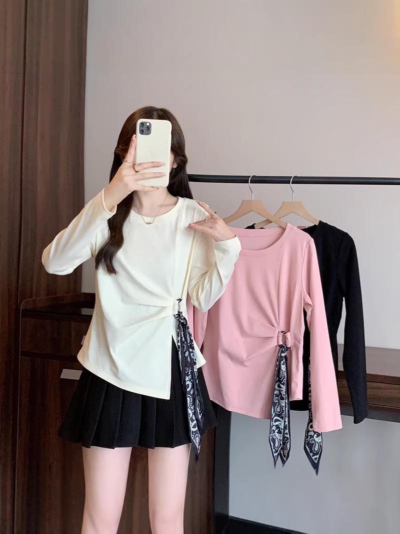 

2026 Spring Plus Size Women s Round Neck Flutter Sleeve Long T-shirt XXXXL розовый