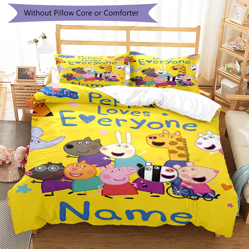 3Pcs Custom Name Peppa Pig Bedding Set Duvet Cover Closure Includes 1Duvet Cover 2Pillowcases Soft And Comfortable For All Seasons