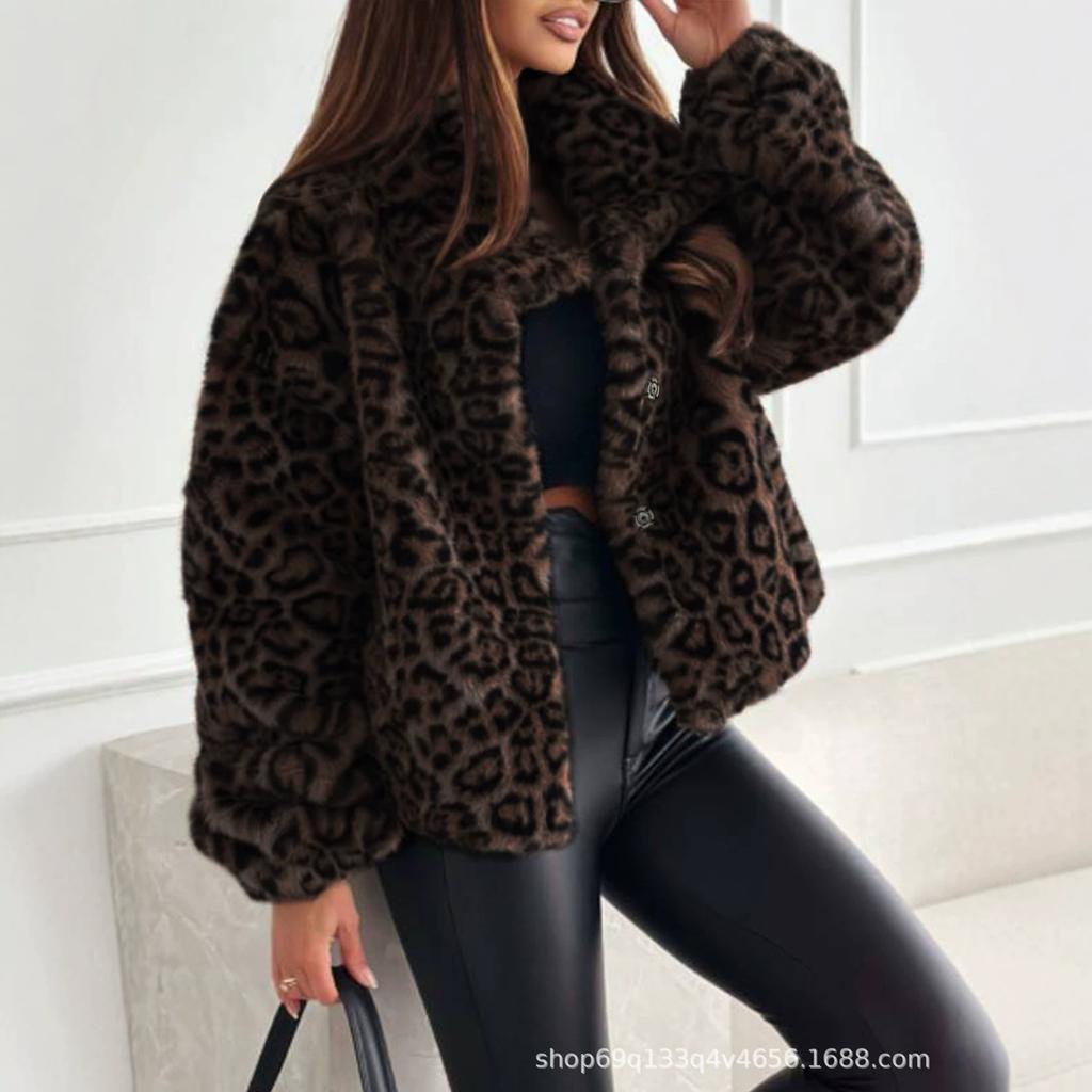 European and American new women's clothing leopard print imitation fur jacket women's short lapel thickened plush jacket leopard point top