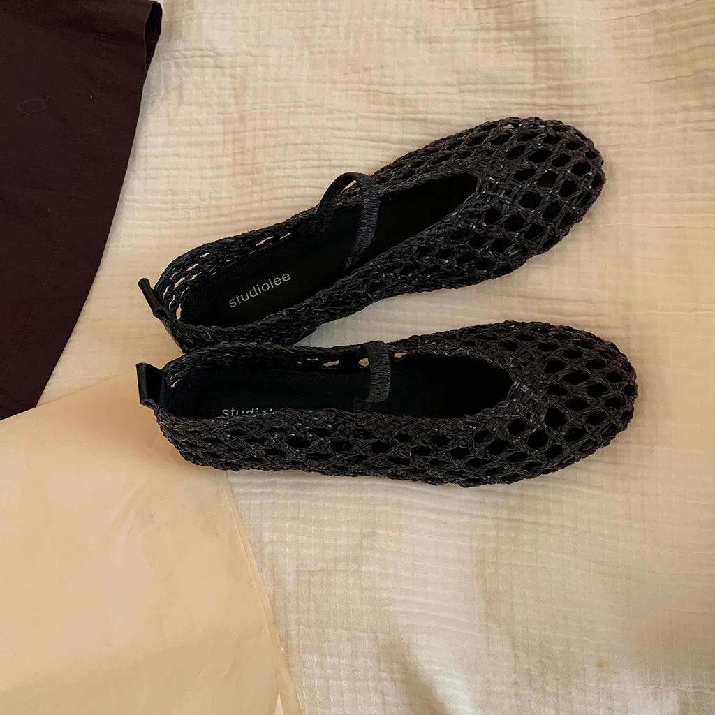 Grape mother with the same round head woven hollow breathable elastic versatile one-word belt Mary Jane shoes shallow mouth flat-soled single shoes