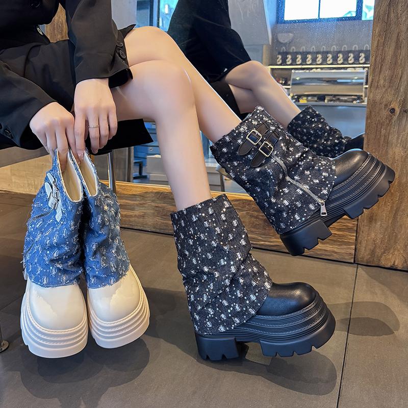 10CM Autumn Winter Chunky Short Boots Women Canvas High Heels Mid Calf Leather Sneakers Trend Buckle Motorcycle Boots Snow Shoes