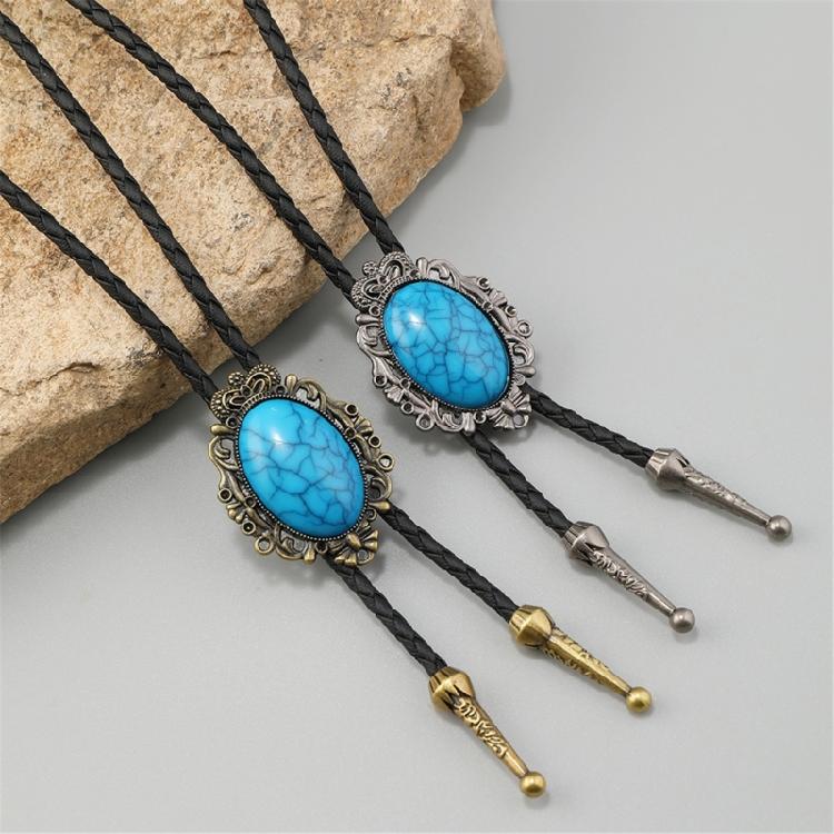 Elegant Crack Turquoises Accented Bolo Tie With Leather Cord Adjustable Necktie Necklace For Casual Or Formal Outfit