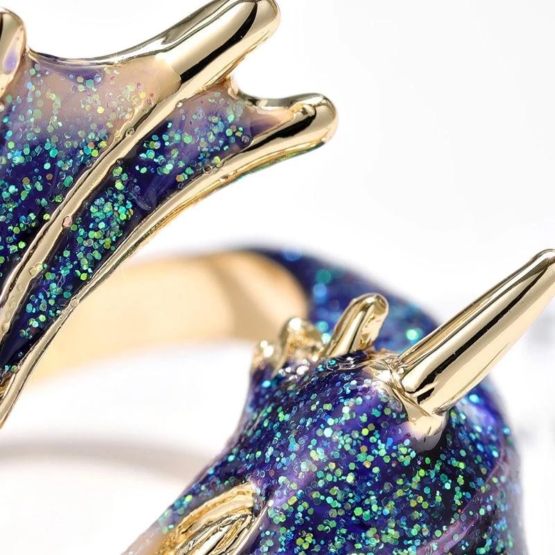 Original Design Starry Sky Small Blue Dragon Opening Ring Colorful Fresh and Unique Craftsmanship Charm Women's Silver Jewelry