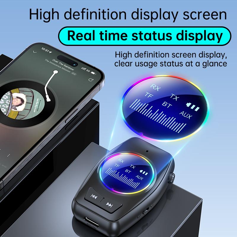 Bluetooth 5.4 Audio Transmitter Receiver RGB LED Display Hifi Stereo Music Wireless Adapter 3.5MM AUX TF With Mic For TV PC Car