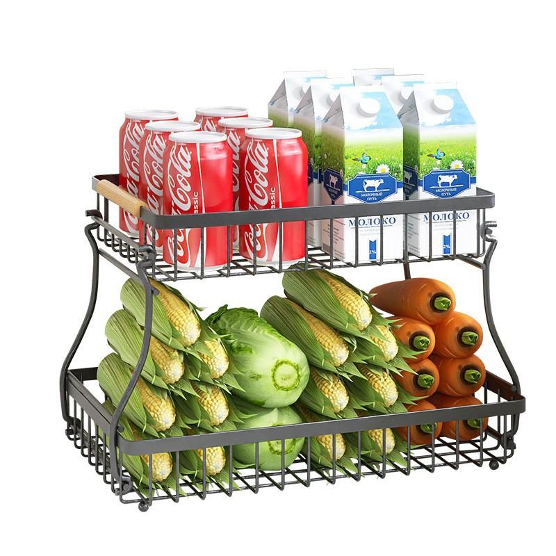 Double-layer removable multi-functional rack, kitchen vegetable rack, living room wooden handle portable vegetable and fruit basket