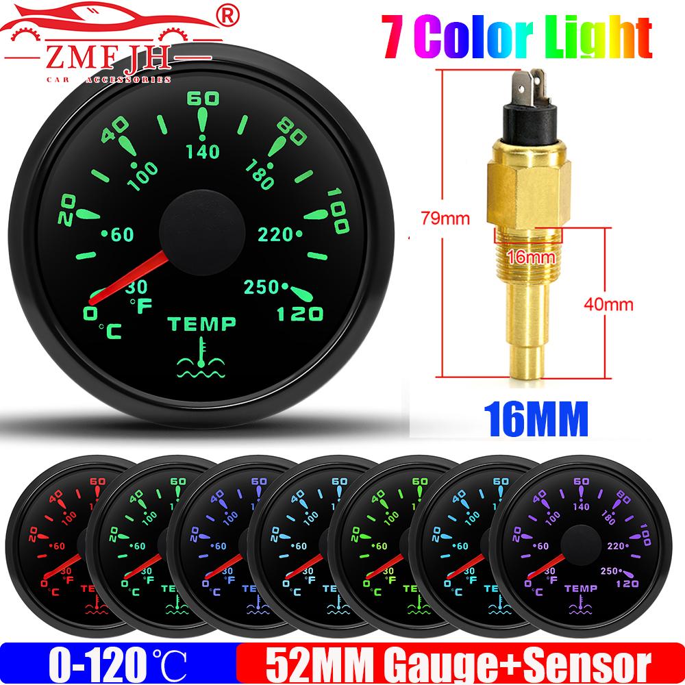 0~120℃,30~250℉ 52MM Water Temperature Gauge+Water Temp Sensor 10.2MM,12MM,16MM,17MM,21MM 7 Color Light for Boat Yacht Car 12V24V