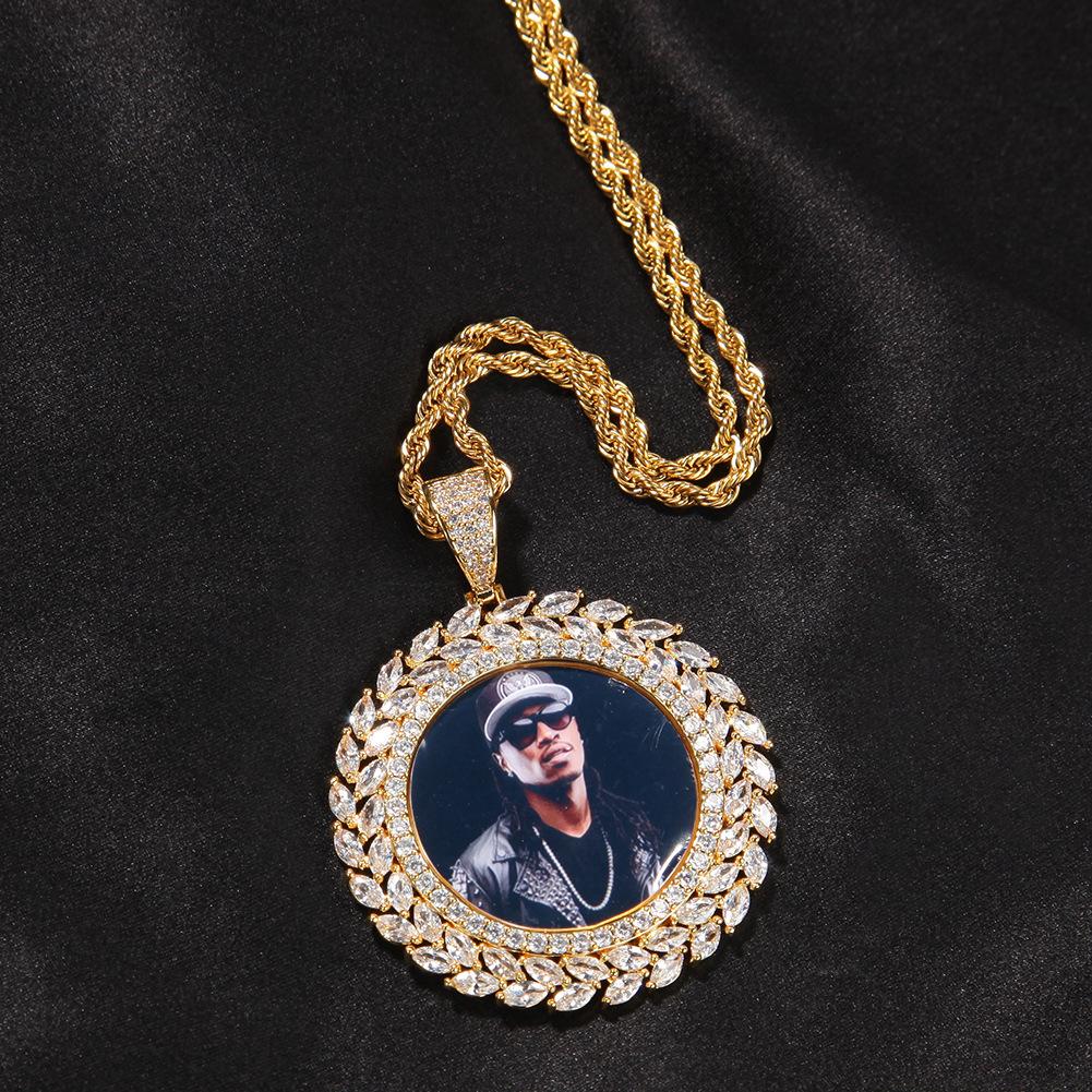 Hip hop wheat ear round photo frame pendant personalized copper inlaid zircon commemorative photo pendant