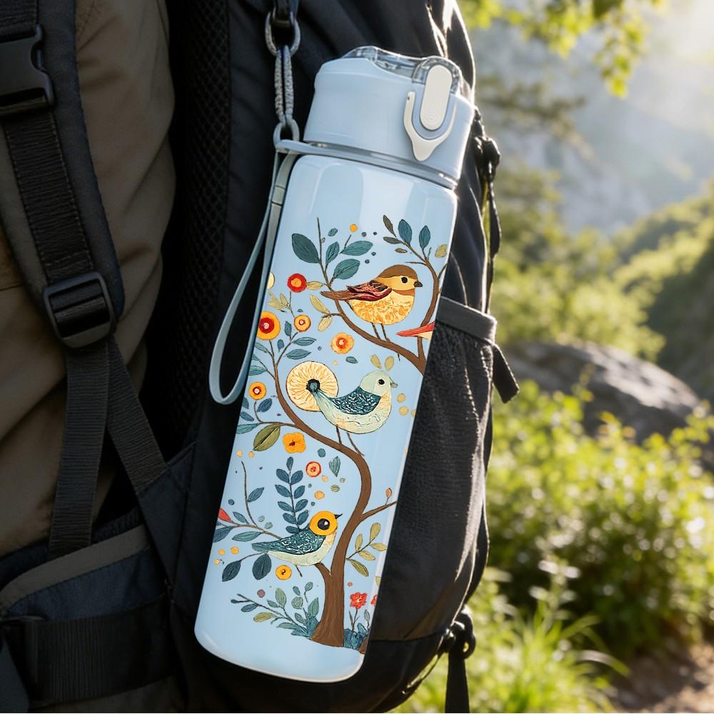 1PC Autumn Tree Bird Fall Scene Print 750ml Color Plastic Sports Water Bottle Leakproof Flip Straw Lid Suitable for Sports Office Home Use