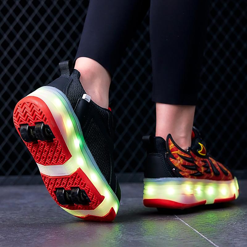 28-37 Dětské čtyřkolečkové rozložitelné na ploché sportovní boty Síťované LED svítící sportovní boty Světelné boty