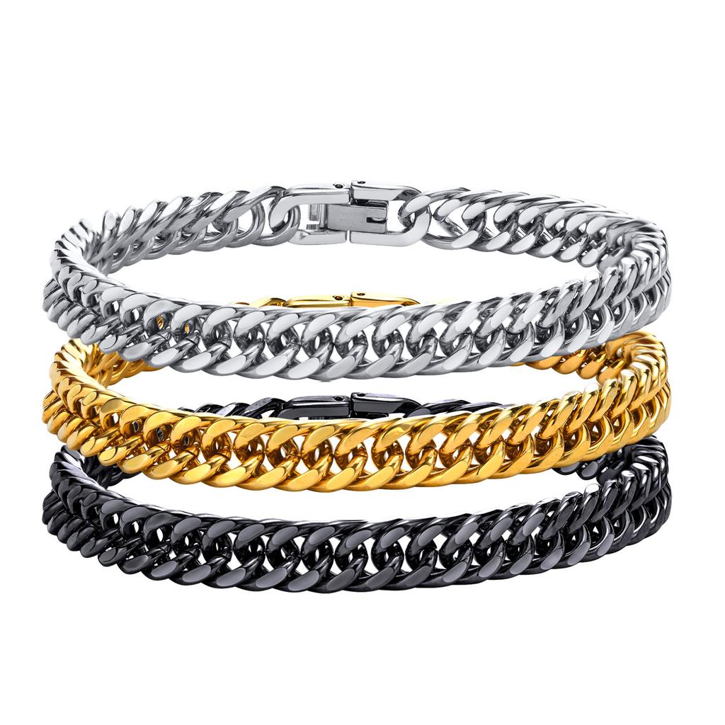 Stylish Double Curb Chain Bracelets for Men Boys,8/10/12/15mm Stainless Steel Miami Link Wristband,Punk Zircon Gifts