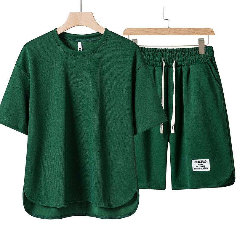 

Summer Short-sleeved T-shirt Loose Drawstring Casual Suit Solid Color Men s T-shirt Drawstring Shorts Lazy Trend M зелений