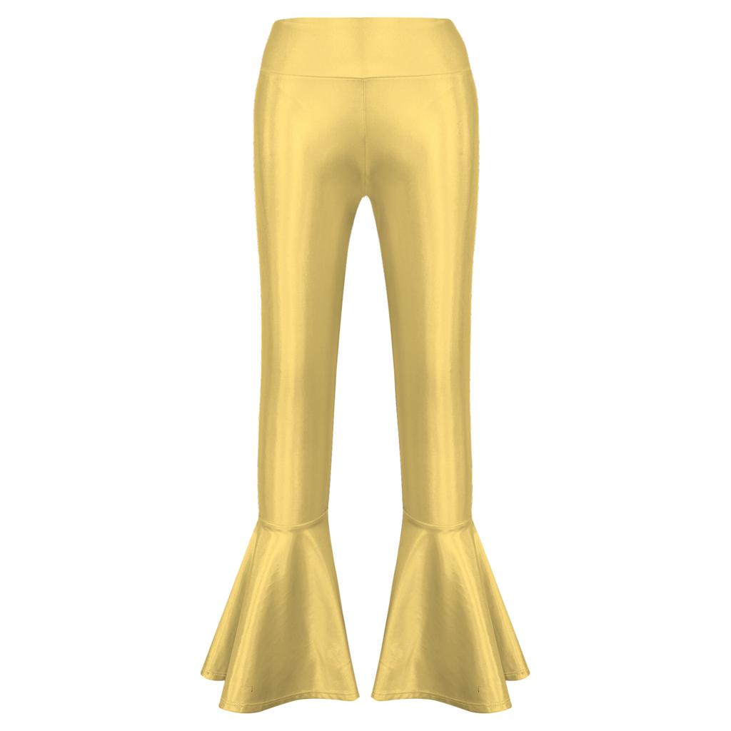 Bronzing Cloth High Waist Flare Trousers Kids Girls Dance Wear Stage Costume Ruffle Hem Bell Bottom Long Pants