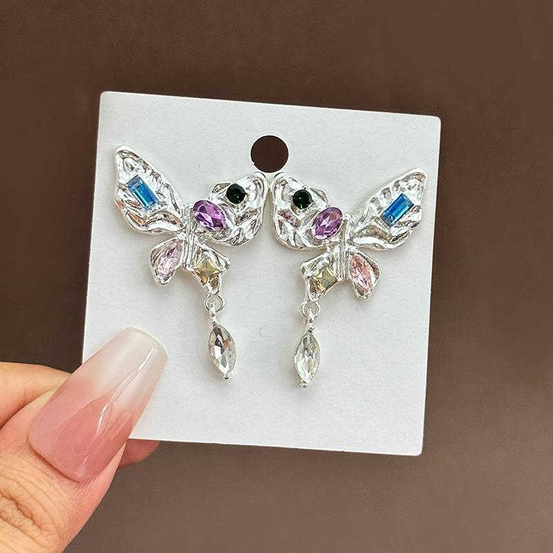 Elegant Geometric Silver Butterfly & Colored Diamond Teardrop Earrings for Women
