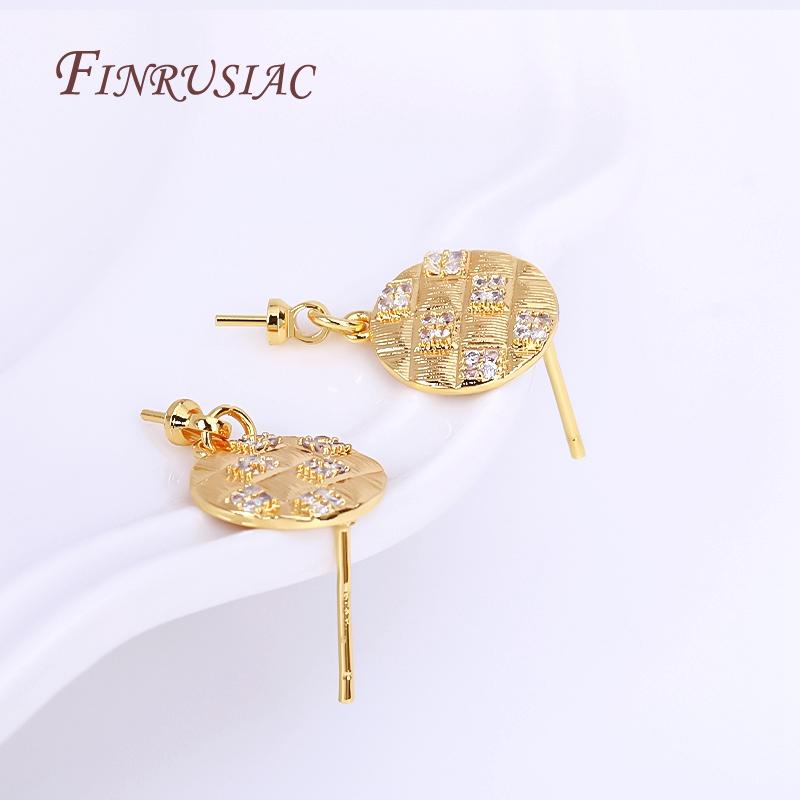 18K Real Gold Plated Zircon Inlaid Round Post Earring Findings Accessory With Pearl Pendant Mounting,DIY Earring Jewelry Making