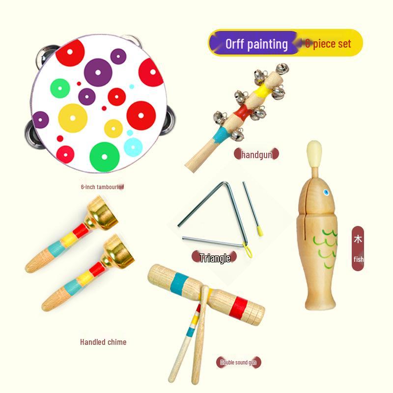 Children's Orff Percussion Instruments: Triangle, Castanets, Maracas, Tambourine, Wood Block, Cymbals
