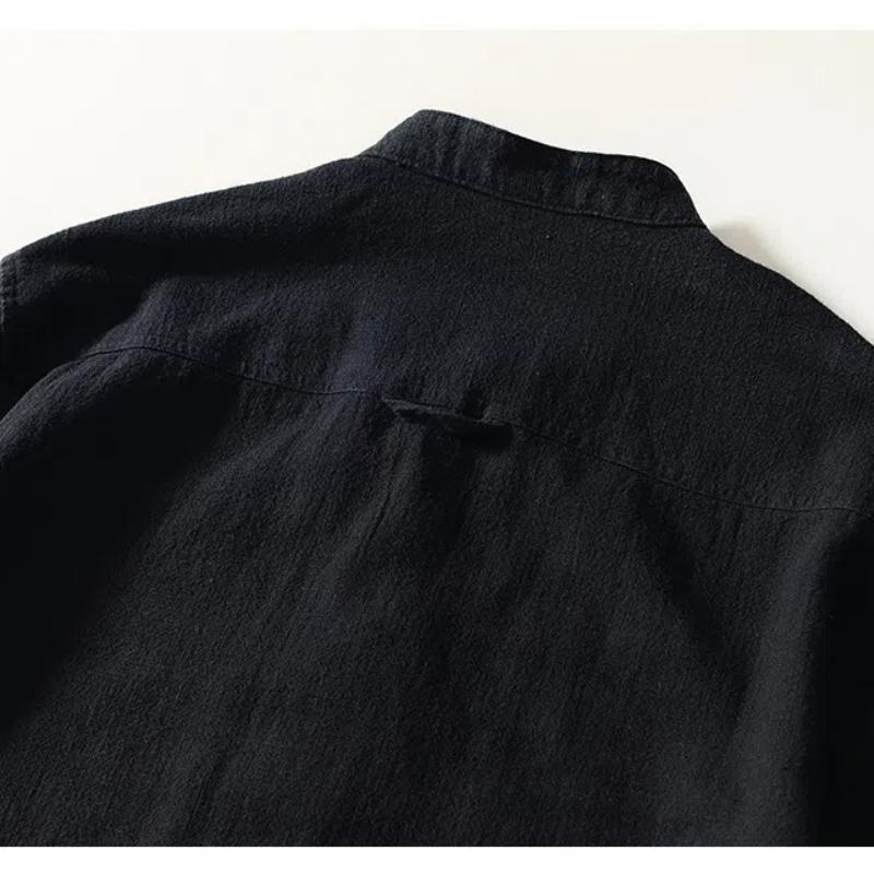 Chinese Style Long Sleeve Men Shirt Traditional Men Clothing Solid Color Stand Collar Cotton Linen Button Shirt Daily Casual Tops Big Pockets